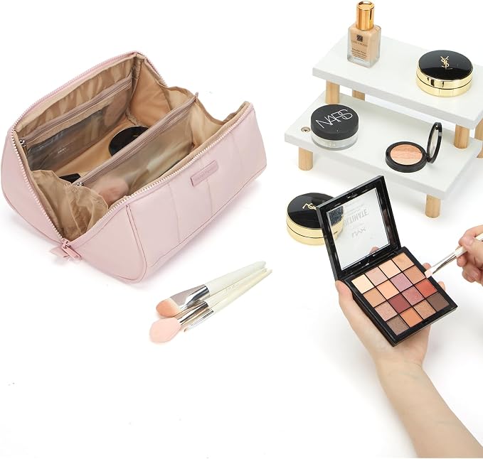 NISHEL Travel Makeup Bag for women, Organizer Pouch Cosmetic Case | Open-flat design keeps cosmetics, brushes, and beauty tools organized for travel and daily routines, Large, Pink - Image 7