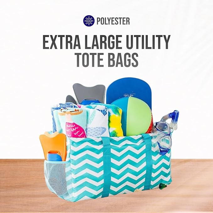 Extra Large Utility Tote Bag - Oversized Collapsible Reusable Wire Frame Rectangular Canvas Basket With Two Exterior Pockets For Beach, Pool, Laundry, Car Trunk, Storage - Chevron Teal - Image 8