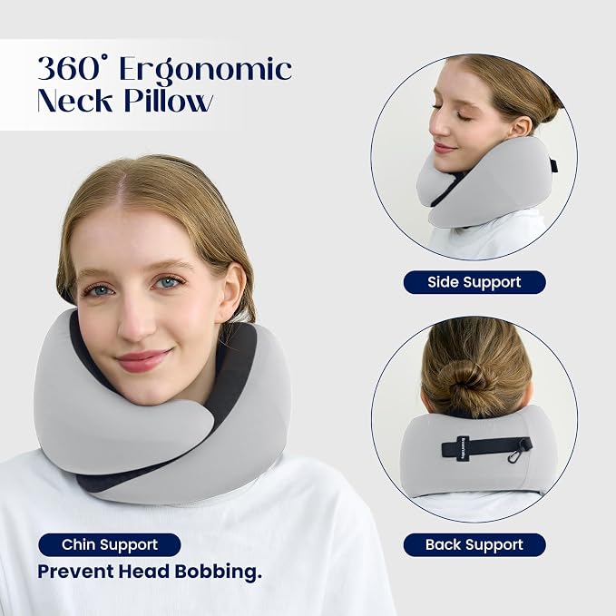 Dream Valley Neck Travel Pillow, Memory Foam,Cooling,Light Gray | For Airplane, Portable Roll-Up, Cooling Inner Fabric, 360° Ergonomic Support, No Head Bobbing - Image 4
