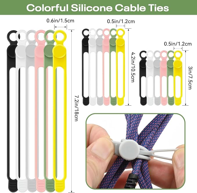 Silicone Cable Ties Reusable, 3 Sizes Cord Organizer Ties | 6 Colors Data Cable Organizer Ties, Cord Ties for Charging Cables, Wire Organizers, Electrical Cords, Computer Wires - Image 3