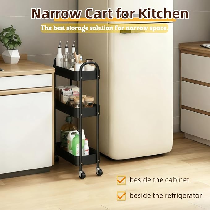3 Tier Slim Metal Rolling Storage Cart for Laundry Room & Kitchen Organizer, 7.1'' Thin Standing Shelf for Narrow Spaces, Skinny Utility Cart with Wheels & Casters for Bathroom, Black - Image 4