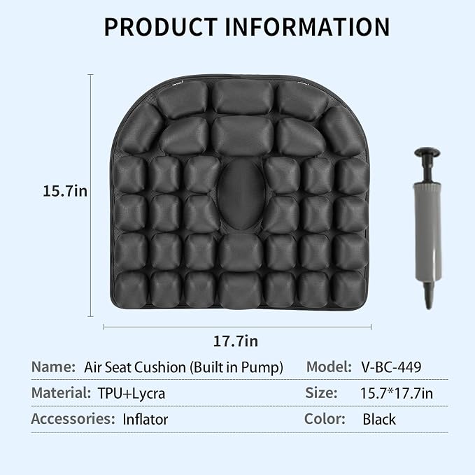 Inflatable Wheelchair Cushion with Built-in Pump, Adjustable Air Pad | Lycra + TPU cover, non-slip, breathable surface, black color, 17.7x15.7 inch size, for wheelchair, office chair and car - Image 7