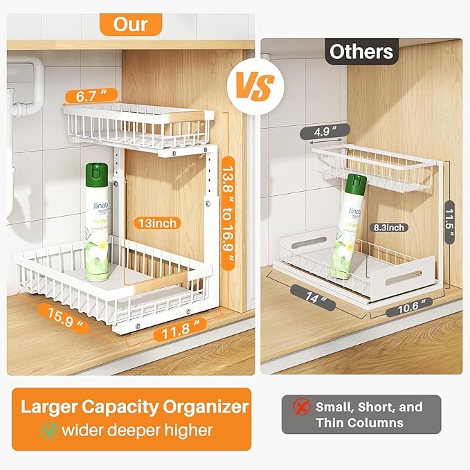 PXRACK Under Sink Organizer, Adjustable Height, 2 Tier Pull Out Under Cabinet Organizer, Slide Out Thickened Metal Under Sink Storage for Kitchen Bathroom Laundry Pantry Cabinet, White, Large-1-Pack - Image 2