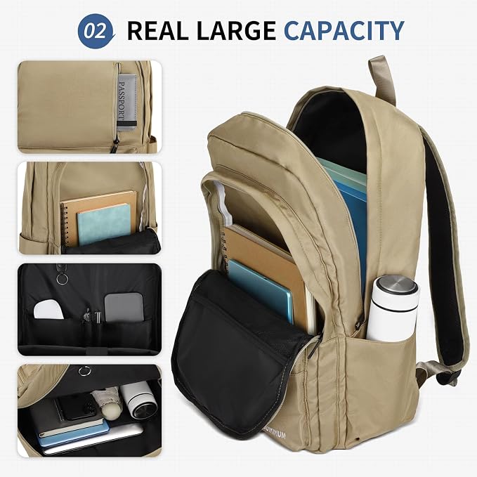 Laptop Backpack for Men & Women 15.6 Inch Office Anti Theft, Khaki | Small Work Backpack Water Resistant with Luggage Strap Theft Proof Sleek Backpack Oxford Material for Commute, Work, Travel - Image 4
