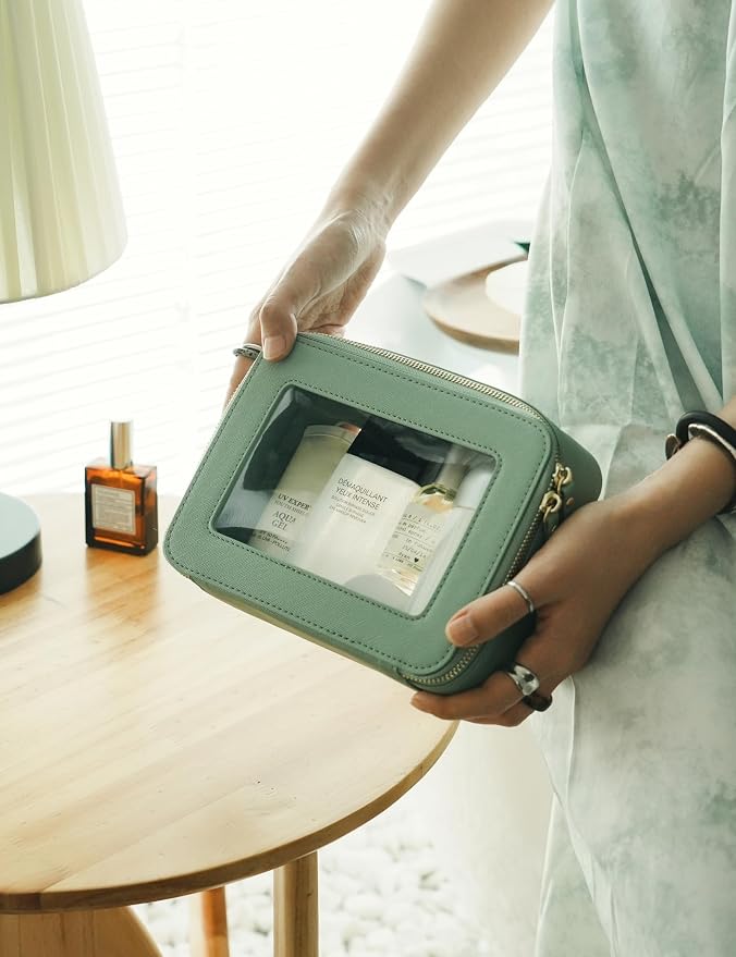 Clear Makeup Bag with Zipper Travel Toilrty Bag Sage Green Medium | Structured Clear Cosmetic Case for Women, Car Essential Organizer Bag, Waterproof PU Leather, Dual Zipper, Wide Opening - Image 7