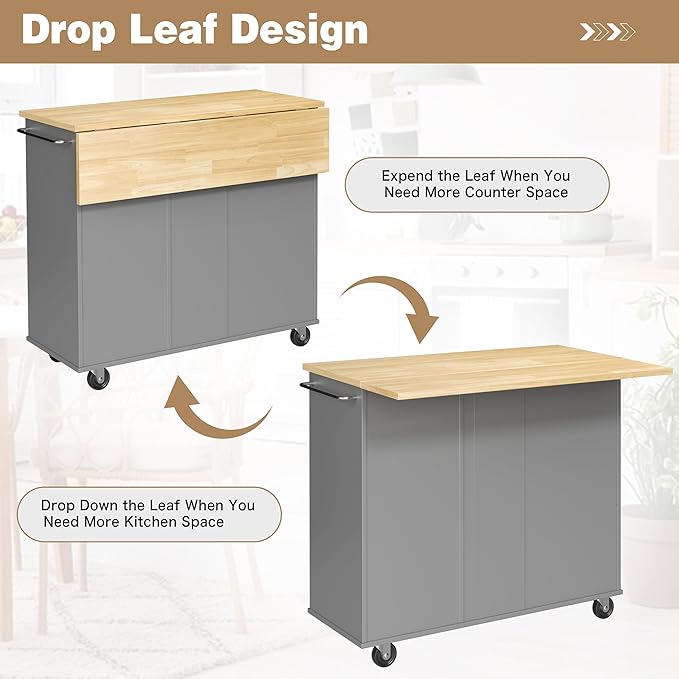 Shintenchi Kitchen Island with Folding Drop Leaf, Rolling Island Table with Storage, Kitchen Cabinet on Wheels with Seating Area for Kitchen, Bar Cart with Cabinet, Gray - Image 5
