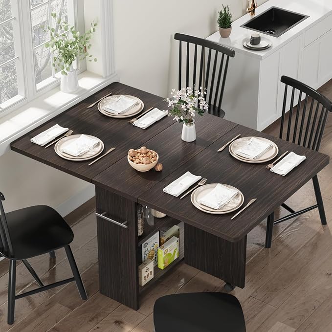 IDEALHOUSE FoldingTable, Drop Leaf Dining Table with 6 Wheels and 2-Layer Storage Shelf, Space Saving Table for Small Spaces (Dark Walnut, 47.2" D x 23.6" W x 29.5" H) - Image 4