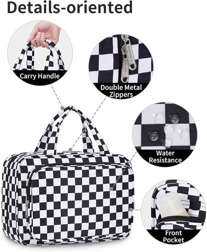 Narwey Hanging Toiletry Bag for Women Travel Makeup Bag Organizer Toiletries Bag for Travel Size Essentials Accessories Cosmetics (Black Checkerboard (Medium)) - Image 7