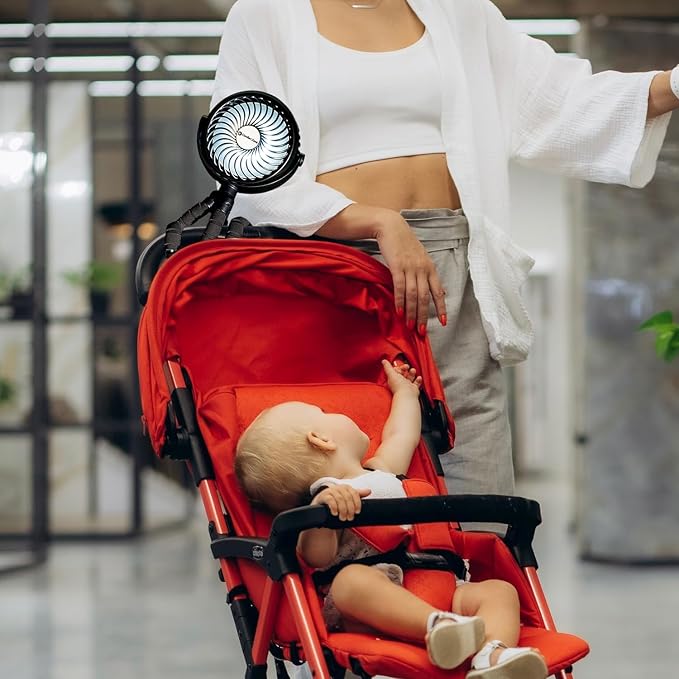 Comfort Zone Portable Stroller Fan, Light Blue | Rechargeable Battery Operated, Clip-On with 360° Flexible Tripod, LED Light, 3-Speed Cooling - Image 3