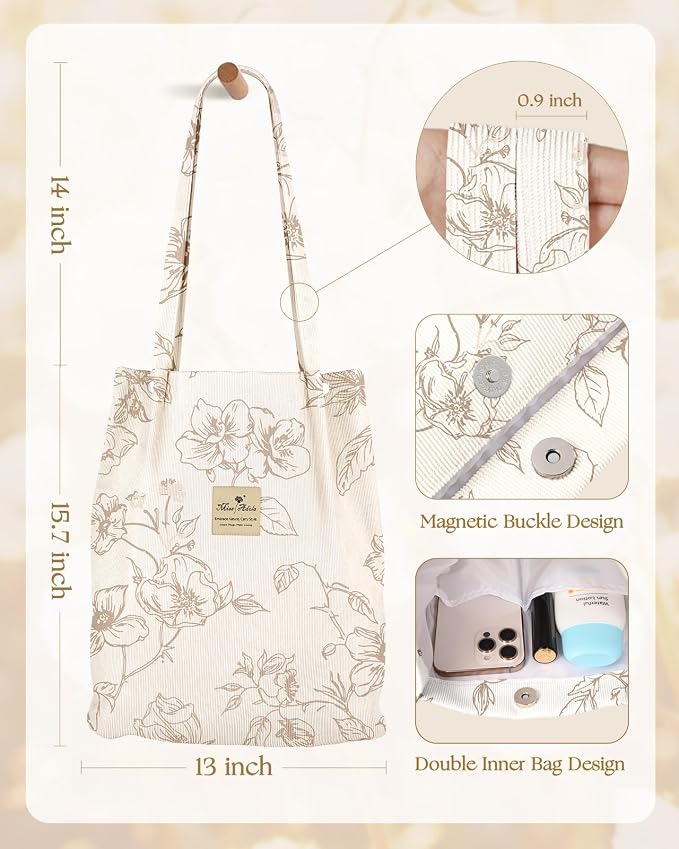 Miss Adola Corduroy Tote Bag for Women with Aesthetic Design | Magnetic Buckle & Pocket, Reusable, Soft, Roomy, Long Shoulder Handles, Double-sided Print, Casual Daily Work, Grocery Bags - Image 5