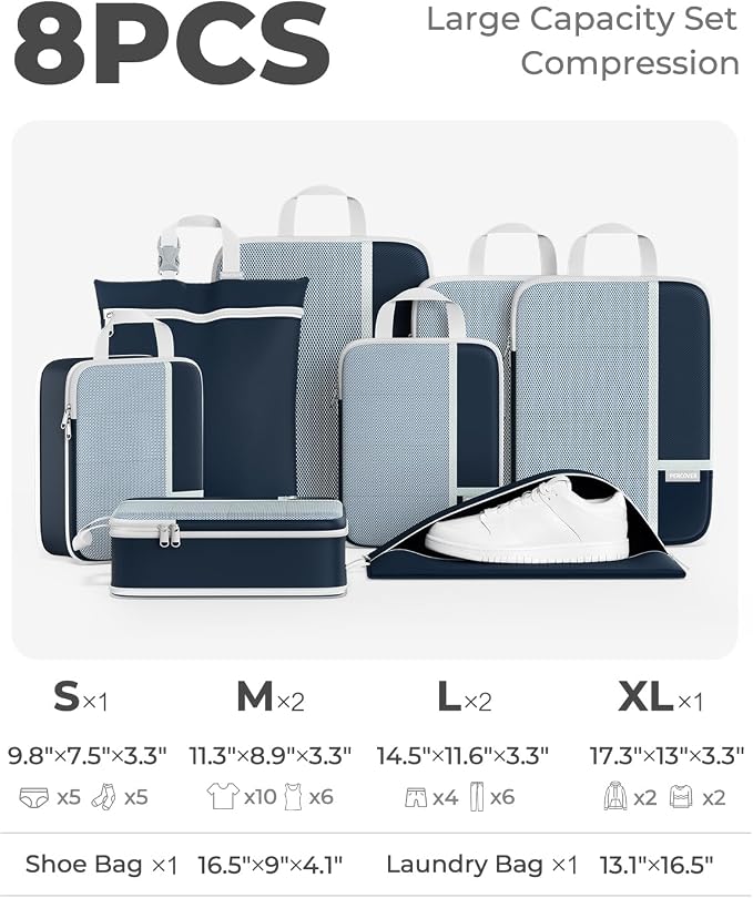 Percover Compression Packing Cubes for Travel, 8-Piece Structured Compression Organizer Set with Laundry Bag & Shoe Bag for Carry-On & Checked Luggage, Navy Blue - Image 2