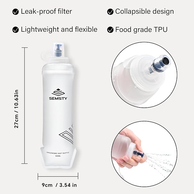 500ml Soft Flask, 2 Pack TPU Collapsible Water Bottle for Running | 17oz Compressible Soft Flask for Hydration Pack & Running Vest, Foldable Water Bottle for Running Hiking Cycling - Image 2
