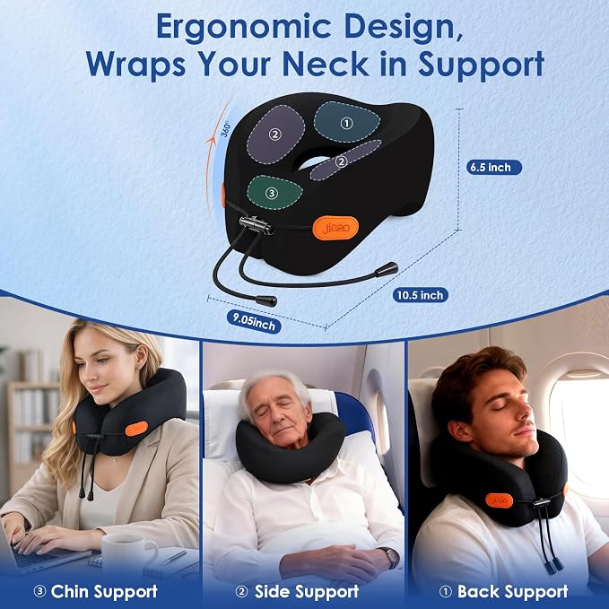 Travel Pillow Memory Foam Neck Pillow for Airplanes with Adjustable Neck Support, Includes Eye Mask, Earplugs & Storage Bag - Perfect for Flights, Road Trips, and Trains - Image 2