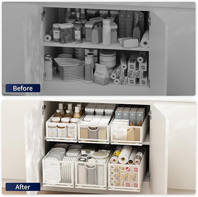 2 Pack Pull Out Cabinet Organizer, No Drill Adhesive Sliding Drawers for Kitchen, Metal Mesh Wire Storage Shelf for Pantry & Under Sink, White (9.6" W x 11.8" D x 8.4" H) - Image 6