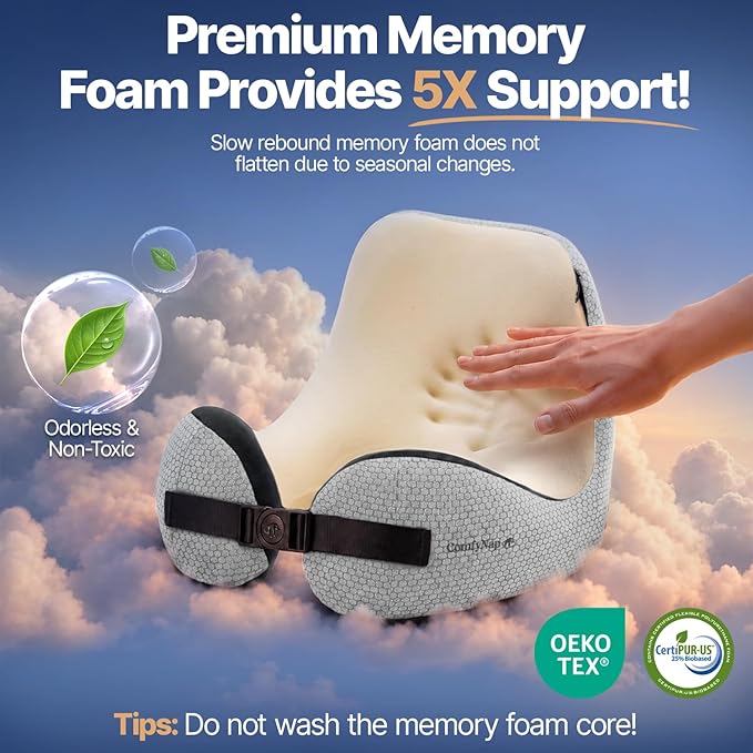 ComfyNap® Versatile Travel Neck Pillow for Airplane [Patented], 9 Positions in 3 Techniques, Plane Pillow with Pure Memory Foam, Travel Pillow with HeadRest Flight Sleep, Travel Essential - Moon - Image 4