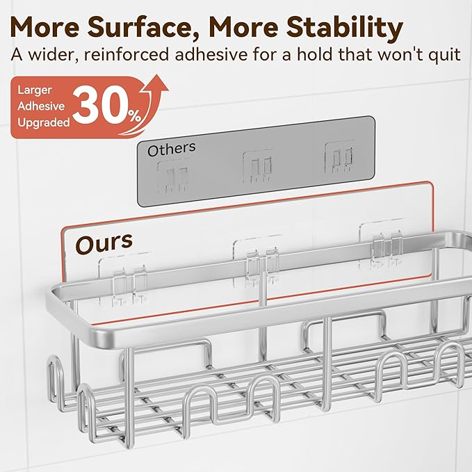 Shower Caddy Adhesive, Rustproof Shower Organizer, Wall Shower Rack | Large Capacity Shower Shelves for Inside Shower, Shampoo Shower Holder, Silver, 2 Caddies, 2 Soap Dishes, 1 Toothbrush Holder - Image 3