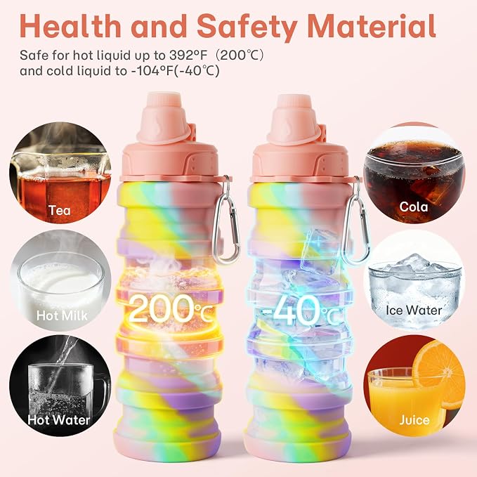 Collapsible Water Bottles for Travel, Foldable Sports Water Bottle for Kids, Reusable Water-proof Silicone Water Bottles with mountaineering Buckle for Camping Hiking Holiday - Image 2