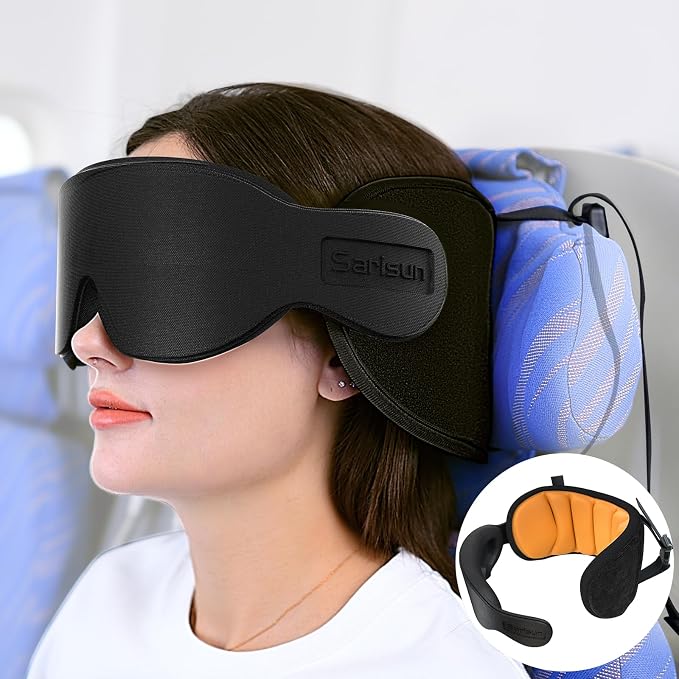SARISUN Travel Pillow for Airplanes Sleep, Seat Strap for Stable Support | Airplane Pillow Head Strap with 3D Eye Mask, Stop Bobblehead, 360° Headrest Support for Long Flight Road Trip, Yellow by SARISUN