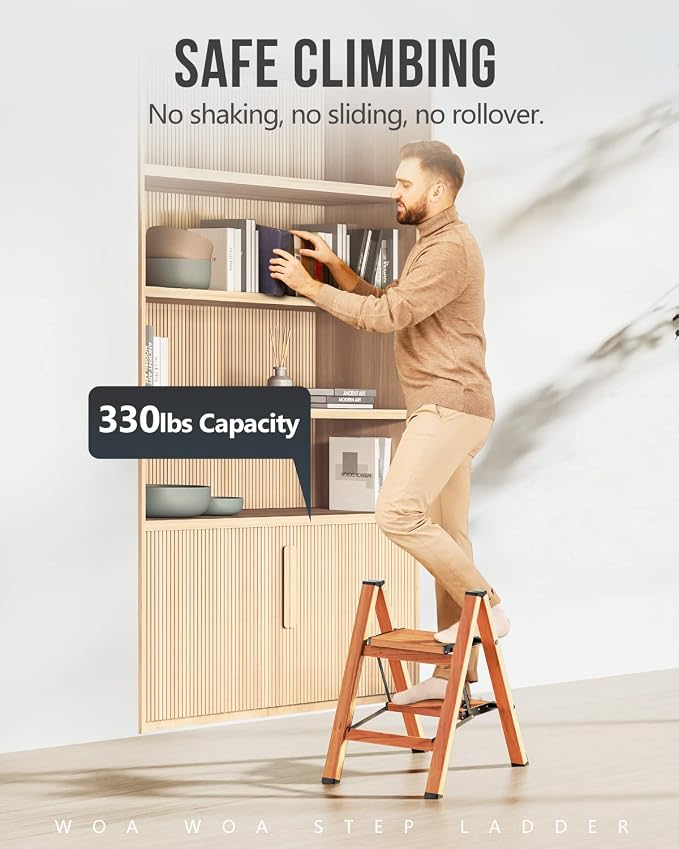 2 Step Ladder, Foldable Step Stool, 300lbs Load, Wood Grain | Folded 26''H x 3''T; Net 5.9 lbs; Rigid Aluminum Steps; No Assembly; For Home, Kitchen, Office, Pantry, Closets, Cabinets - Image 2