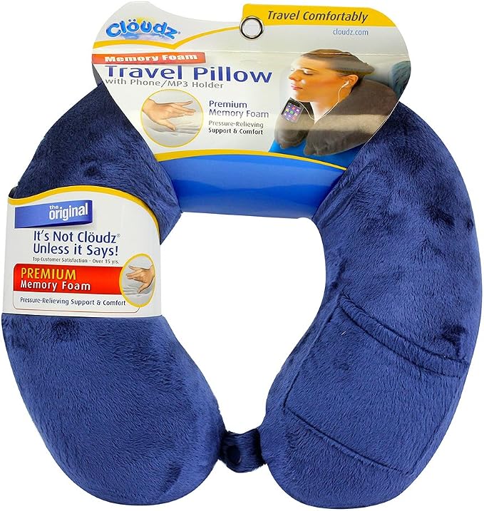 Memory Foam Travel Neck Pillow with Snap & Pocket - Blue by Cl%C3%B6udz