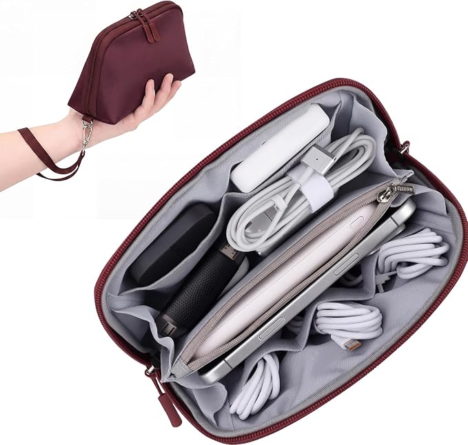 FYY Travel Cable Organizer - 8 Compartments, Lightweight, Water Repellent | With Wrist Strap, Portable Tech Pouch for Cord Charger, Travel and Business Trips Use, Soft Shell Nylon, Wine Red (Small) by FYY