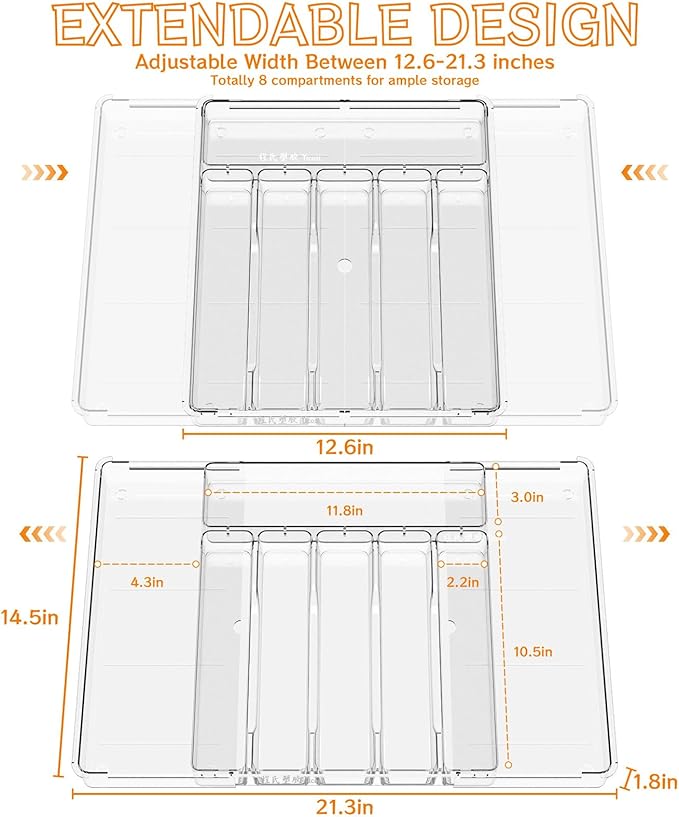 Clear Expandable Silverware Drawer Organizer - Adjust From 11'' to 22'' - Knife,Cutlery,Spoons and Forks Organizer,Large 8 Grid Flatware,Silverware Tray,Utensil Organizer for Kitchen Drawers - Image 2