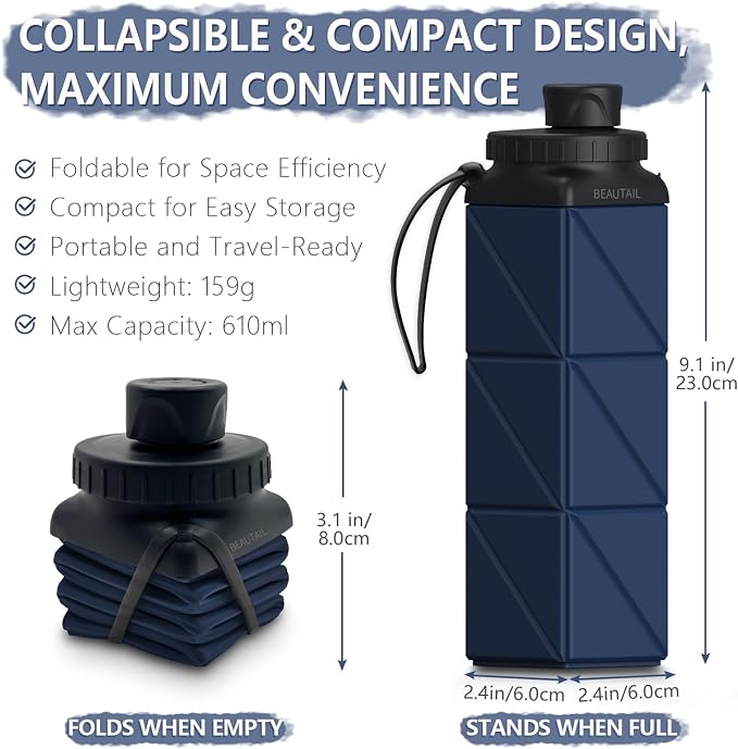 BEAUTAIL Collapsible Water Bottles 21 oz, Silicone Portable Water Bottle | BPA Free, Leakproof & Reusable, Foldable Water Bottle for Travel, Hiking, Camping, Cycling, School, Gym, 1-Pack, DarkBlue - Image 2