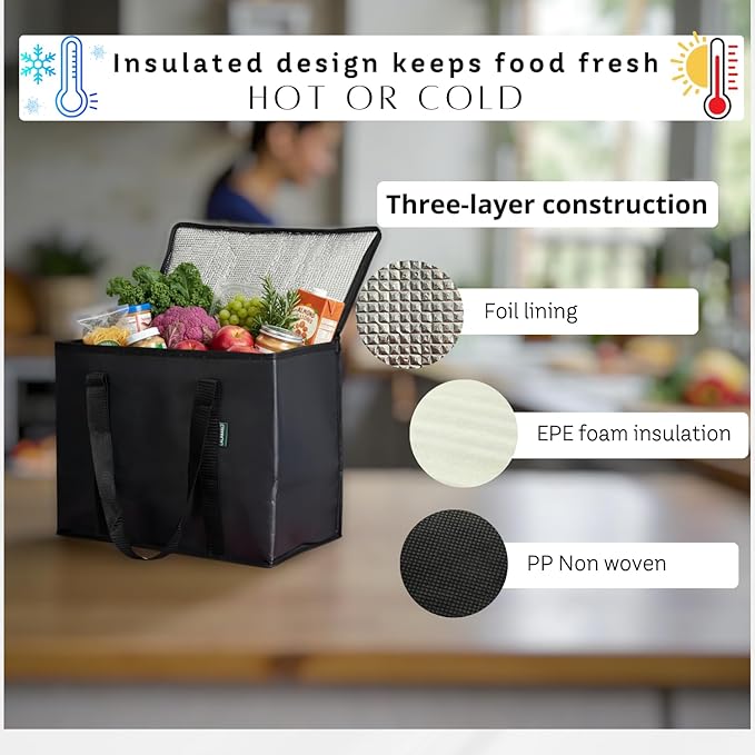 2-Pack Insulated Reusable Grocery Bags – Large Cooler Tote for Cold & Hot Food, Stays Upright, Durable, Foldable for Travel and Delivery - Image 2
