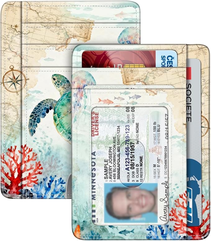 FINTIE Slim Front Pocket Wallet, RFID Blocking Credit Card Holder | Minimalist Card Cases with ID Window for Men Women, underwater world by Fintie
