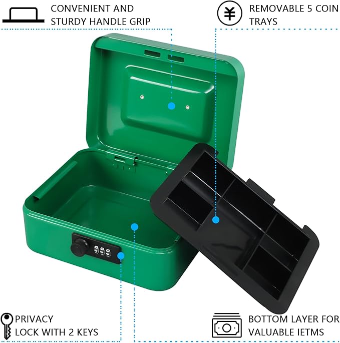 KYODOLED Cash Box with Combination Lock,Safe Metal Box for Money,Storage Lock Box with Money Tray,7.87"x 6.30"x 3.54" Green Medium - Image 3