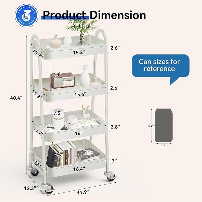 OLIXIS Metal 4 Tiers Rolling Storage Utility Cart with Lockable Wheels | Mobile Organizer Shelf, Space-Saving, Freestanding, Bathroom, Living Room, Slim, Narrow Corner Spaces, White - Image 4