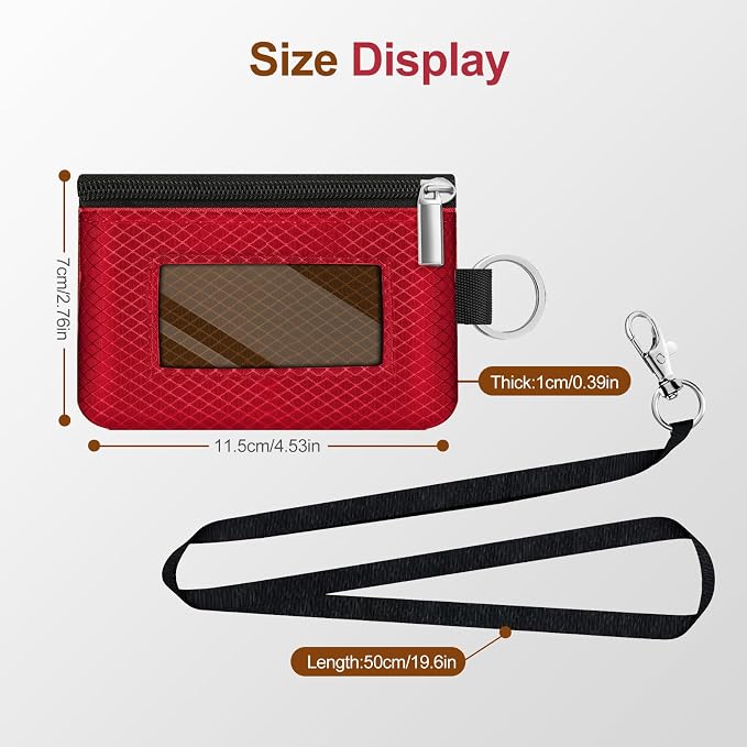Minimalist RFID Blocking Small Wallet with ID Window,WaterResistant Zip Id Case Wallet with Lanyard Keychain for Cards,Cash,Travel,Women,Men (Red/Brown) - Image 5