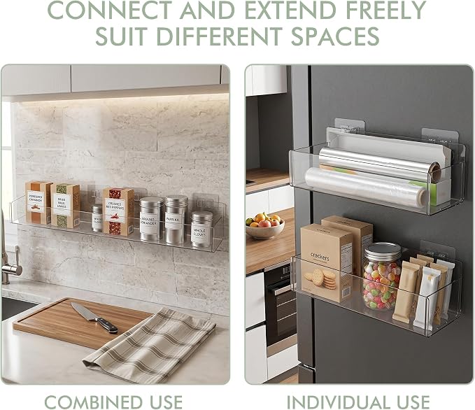 Acrylic Adhesive Cabinet Door Organizers 2Pack 13"x4" Clear Shelf Wall Bins | No-Drill Wall Organizers, Clear Visible Storage, Caddy Bins for Shower Bathroom Kitchen Under Sink RV Camper Organization - Image 3