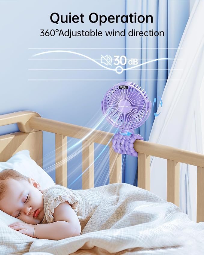 SWEETFULL Portable Stroller Fan with LED Display, 4 Speed Rechargeable Mini Clip On Fan, Built-in Non-Removable Rechargeable Battery,Sealed housing - Image 5