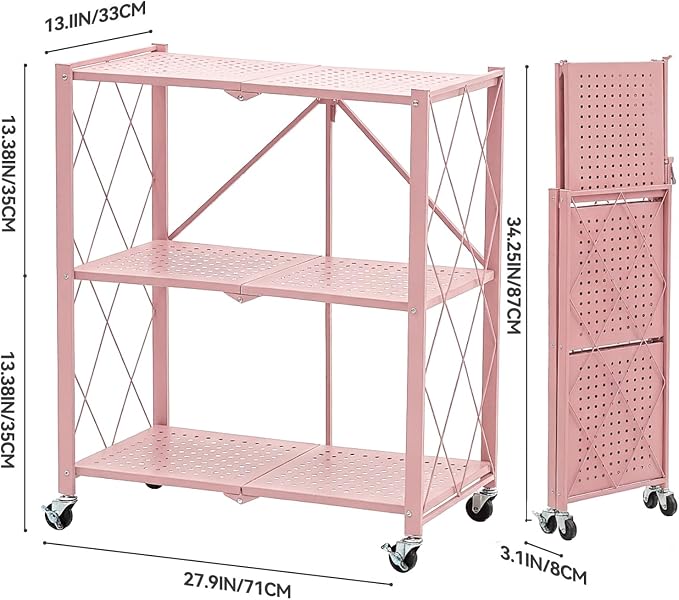BRIAN & DANY 3-Tier Foldable Storage Shelves with Wheels, No Assembly Folding Shelf Metal Rack, Shelving Unit for Kitchen, Garage, Pink - Image 3