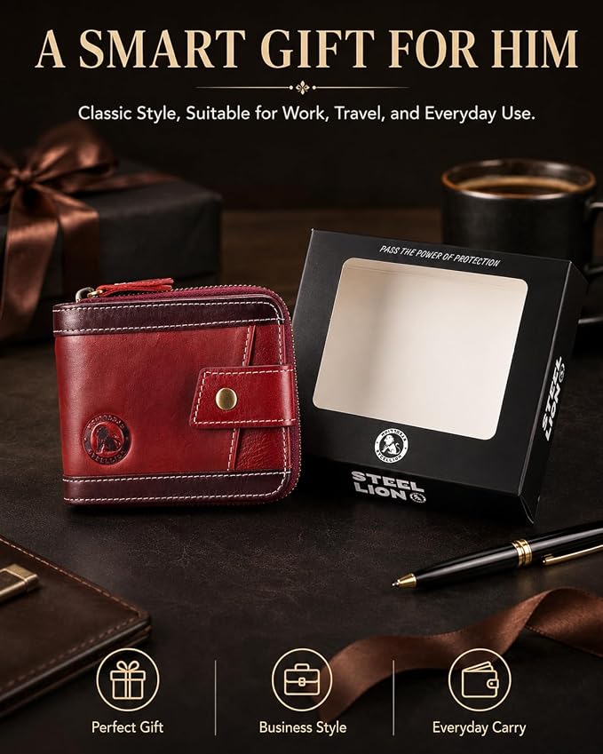 Men's Leather RFID Wallet with Zipper, 14 Card Slots, ID Window | Zippered coin pocket separates loose change; organized for commuting and everyday carry (Red) - Image 7