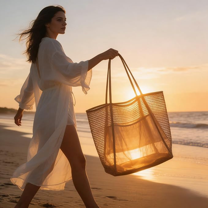 Women's Large Mesh Beach Bag Tote–Waterproof Sandproof Foldable with Zipper Pockets for Summer Travel & Vacation - Image 3