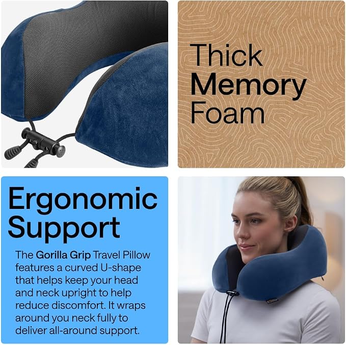 GORILLA GRIP Adjustable Travel Neck Pillow for Airplanes, CertiPUR-US® Memory Foam, Soft Velvet, Cooling Mesh Pillows, Support Headrest for Sleeping, Traveling Essentials Flight Accessories Navy Blue - Image 3