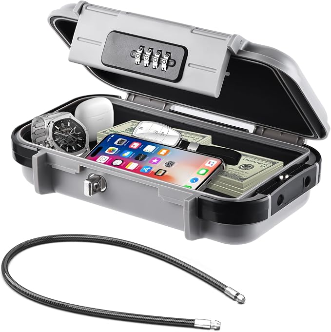 Portable Safe Box with Code, [Waterproof Anti-Theft ]Travel Safe, Combination Security Case Lock Box with Removable Wire Rope, for Home, Cars, Office, Vacation (Grey) by Hurinan
