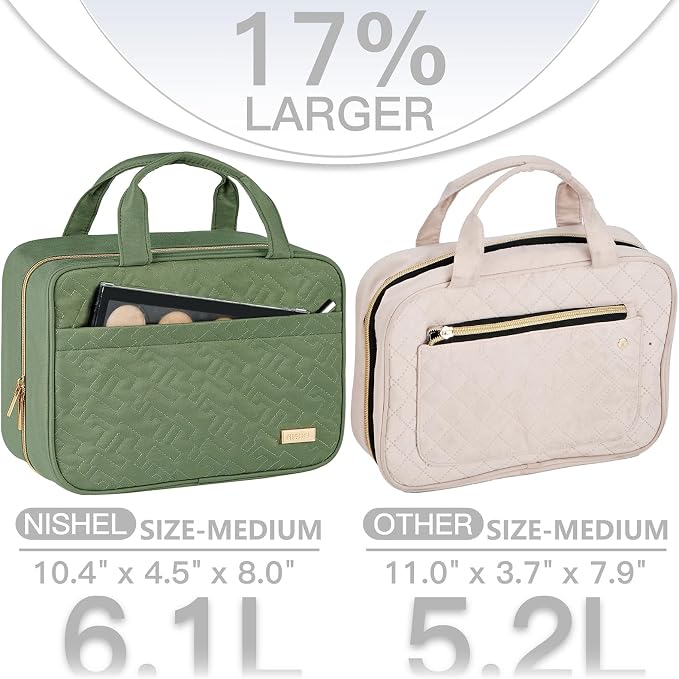 NISHEL Travel Toiletry Bag for women, Portable Hanging makeup Organizer | for Travel-Sized Shampoo, Conditioner, Brushes Set, makeup Accessories, Medium Size, Bronze Green - Image 3