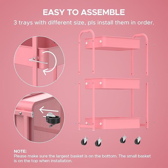 MAX Houser 3-Tier Rolling Utility Cart with Caster Wheels,Easy Assembly, for Kitchen, Bathroom (Pink) | Easy Assembly, multi-purpose storage trolley for kitchen, rolling cart with smooth caster wheels for bathroom - Image 8