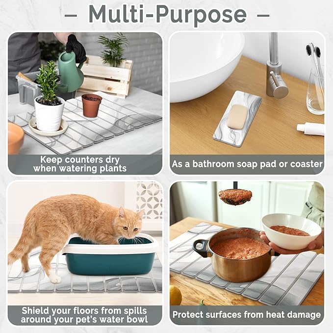 Large Stone Dish Drying Mat for Kitchen Counter, 2 PCS Quick Dry Stone Mats, Foldable Water Absorbing Diatomaceous Earth Drying Dishes Pad for Countertop Bottle Utensil Cup(Black White 24"×16"&8"x4") - Image 6