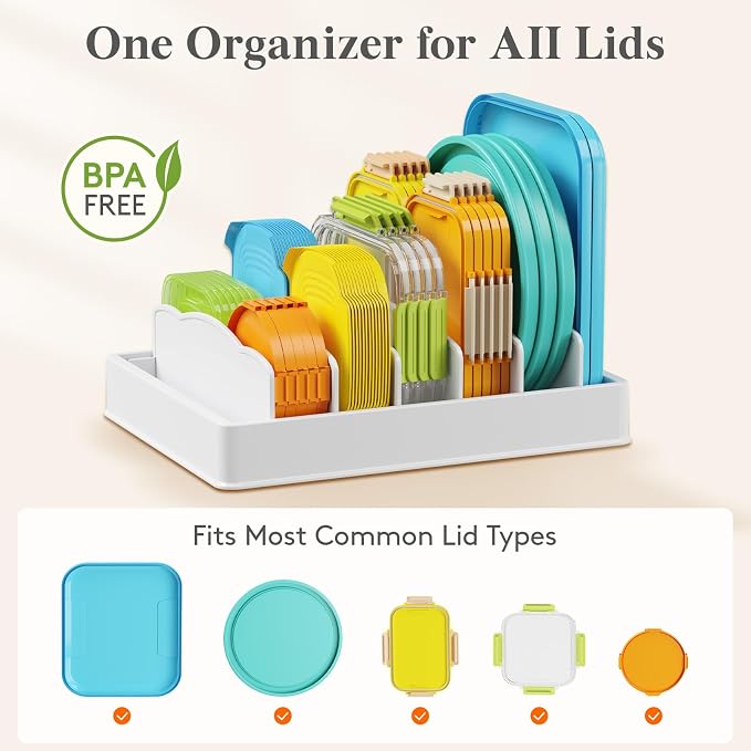 Lifewit Kitchen Cabinet Organizer for Food Contanier Lid with 7 Sections | Lid Holder with 6 Adjustable Dividers for Pantry Organizers and Storage, Home Drawer Organization, White, Large, 13" x 10" - Image 2