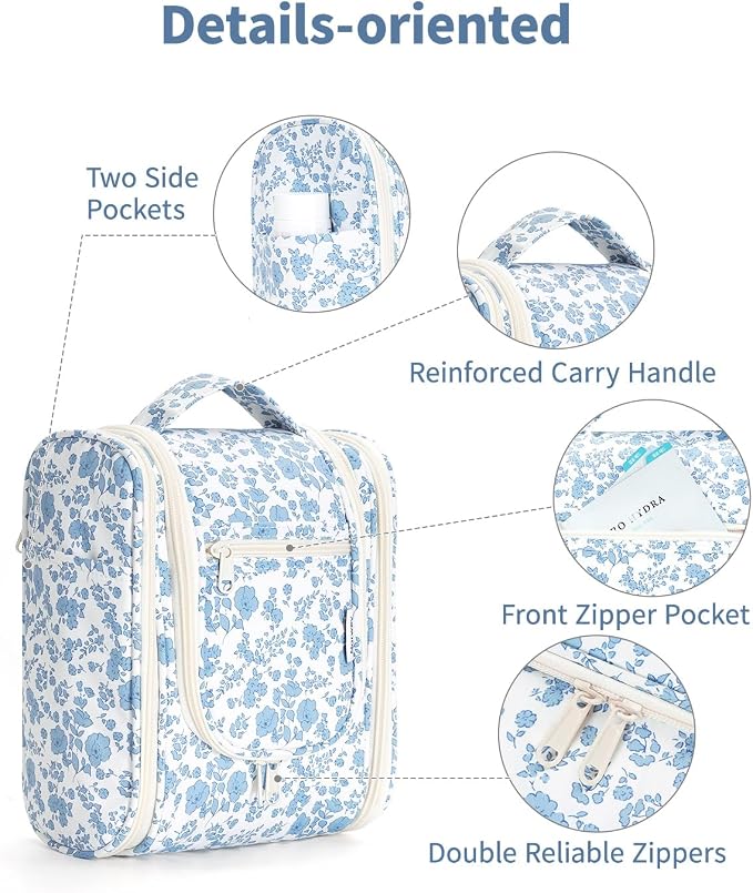 Narwey Hanging Toiletry Bag Women Travel Makeup Bag Organizer Toiletries Bag for Travel Size Essentials Accessories Cosmetics (Medium,Blue Flower) - Image 6