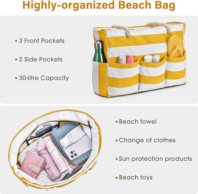 Becokan Beach Bags for Women Canvas Large Beach Tote Bag Zipper Waterproof Sandproof Foldable Swim Pool Bag with 7 Pockets - Image 7
