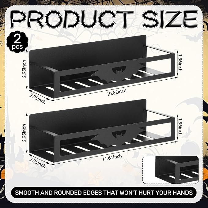 Beeveer 2 Pcs Magnetic Spice Rack for Refrigerator, Black Bat | Halloween Gothic Kitchen Decor, Spooky Home Accessories, 2 Sizes Metal Storage Shelf for Fridge Spices, No Drilling - Image 2