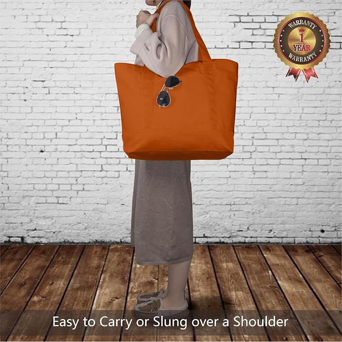 TOPDesign 3-Pack Canvas Tote Bags with an External Pocket, Reusable Grocery Shopping Bags, Top Zipper Closure, Daily Essentials (Orange) - Image 2
