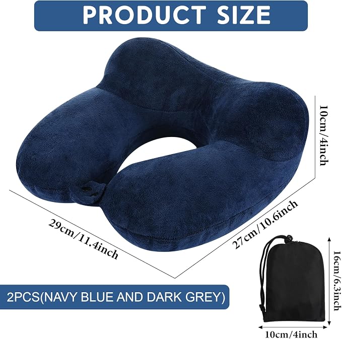 Sintuff 2 Pack Inflatable Travel Pillow for Airplanes Inflatable Neck Flight Pillows with Compact Bag and Blindfold for Traveling, Airplane, Train, Car, Office(Blue and Dark Gray) - Image 2