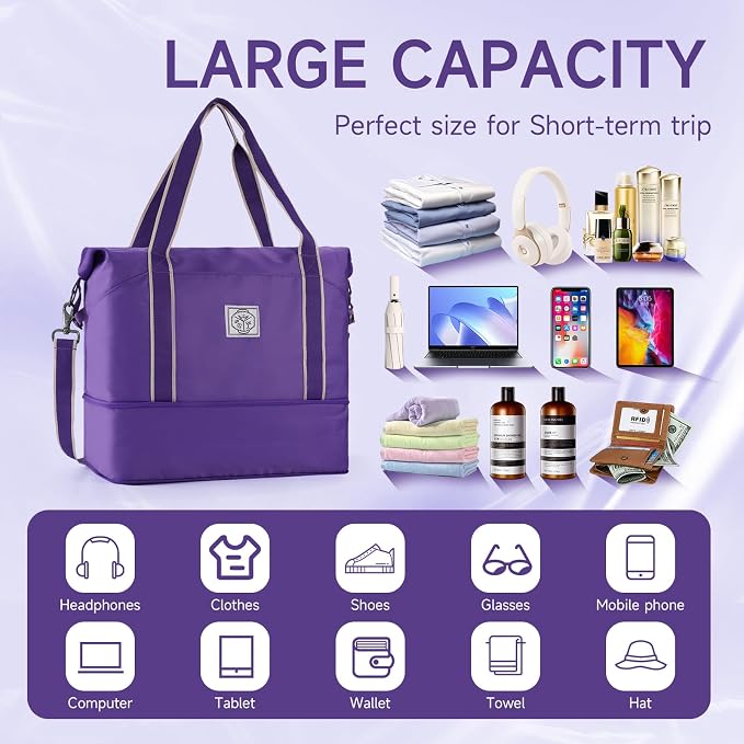WALNEW Travel Duffel Bag, Weekender Bag for Women, Purple | Overnight Carry On Bag, Foldable Waterproof Gym Luggage with Metal Buckle Detachable Shoulder Strap and Wet Compartment - Image 3