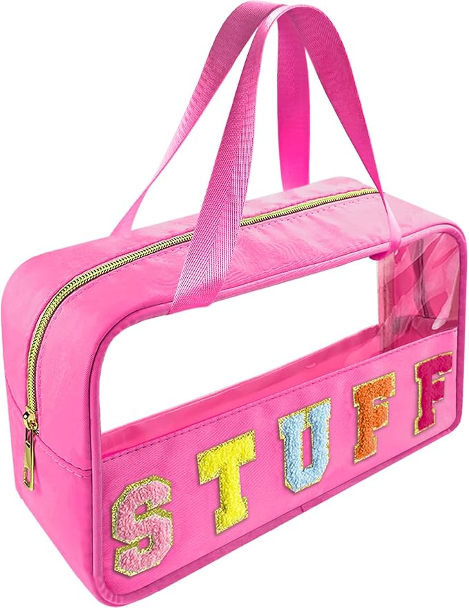 Bunliuys Chenille Letter Clear Makeup Bag Stuff Patch, Travel Toiletry Makeup Bag with Handle, Nylon Waterproof Makeup Bags clear cosmetic bag, preppy patch makeup bag for Women (STUFF-Hot Pink) by Bunliuys